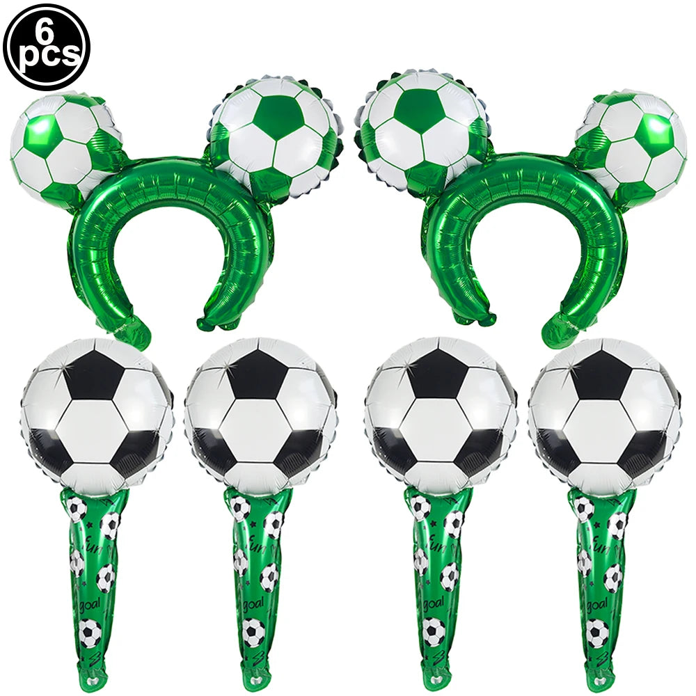 Six green and silver standing soccer balloons for party decoration