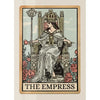 A vintage-style tarot card illustration depicting The Empress seated on a throne surrounded by roses and ornate architecture.