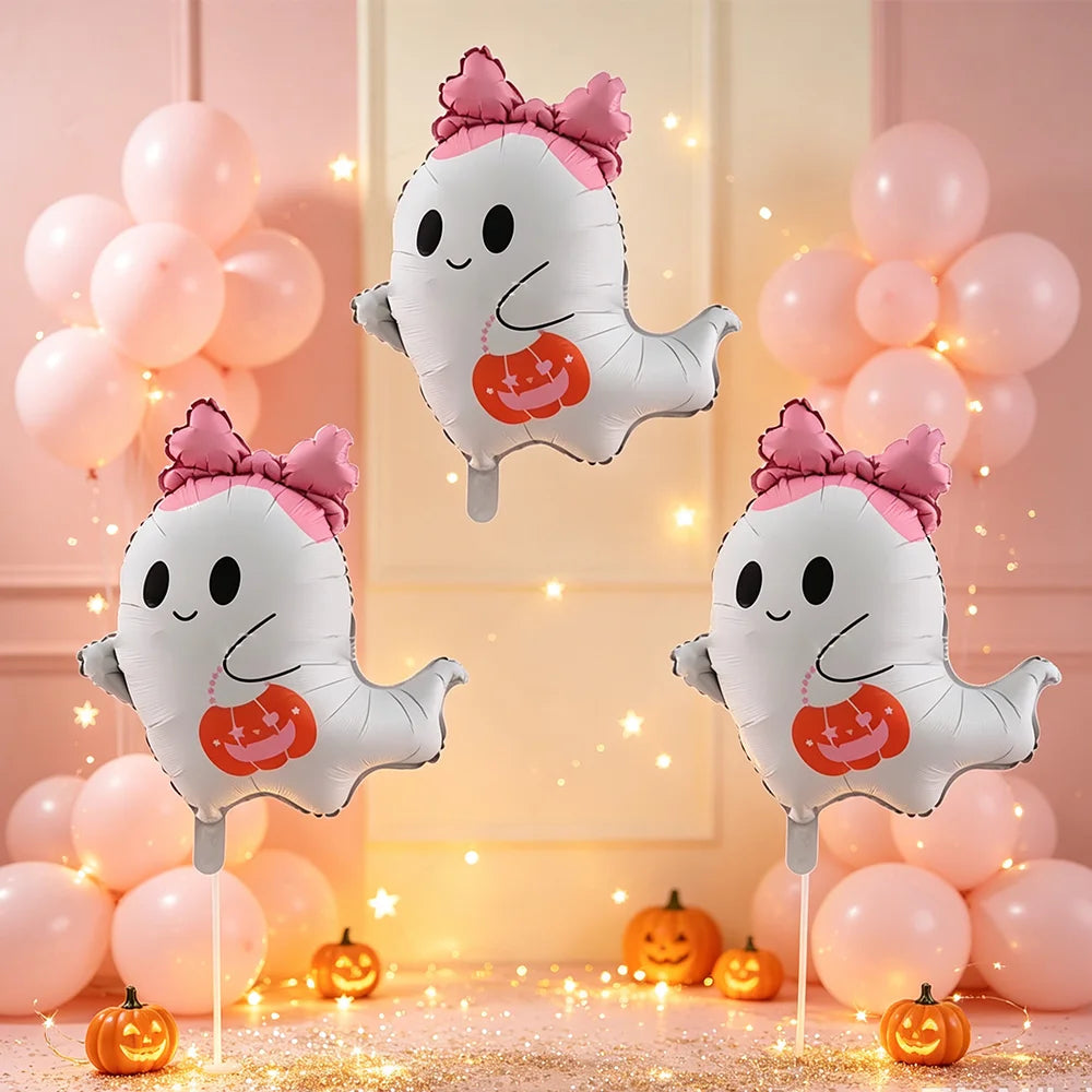 A set of cute white ghost foil balloons with pink bows and orange pumpkin details for a Halloween party decoration.