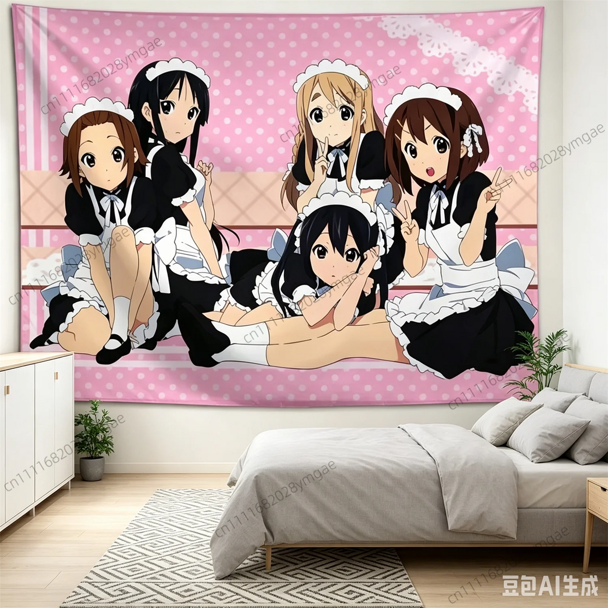A wall tapestry featuring five anime characters in maid outfits against a pink background for room decor
