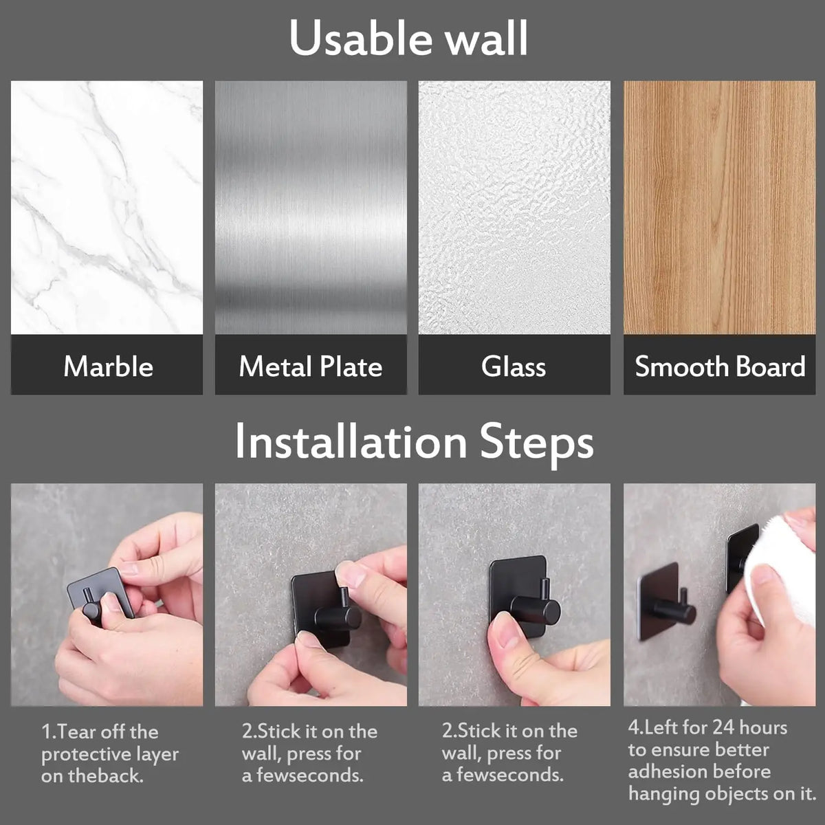 Installation steps showing how to attach an extra thick self-adhesive wall hook for keys and jewelry to various wall material