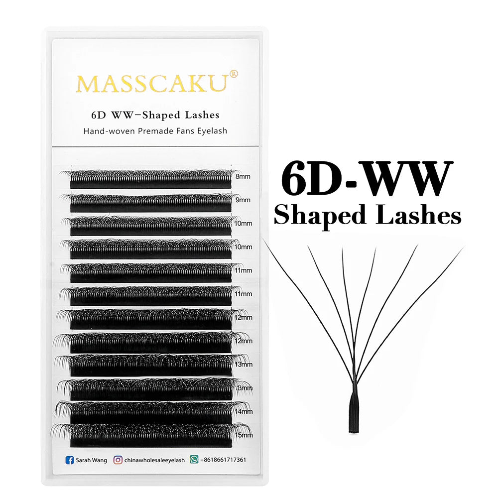 Packaging for 6D WW Shaped Lashes, a set of hand-woven premade fans eyelash clusters.