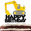 A yellow construction excavator foil balloon decoration placed on top of a birthday cake.