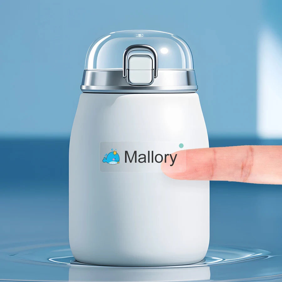 A white waterproof bottle with a silver cap and the name Mallory printed on it, being touched by a finger.
