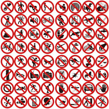 A pack of funny prohibition sign stickers featuring various forbidden actions and objects.