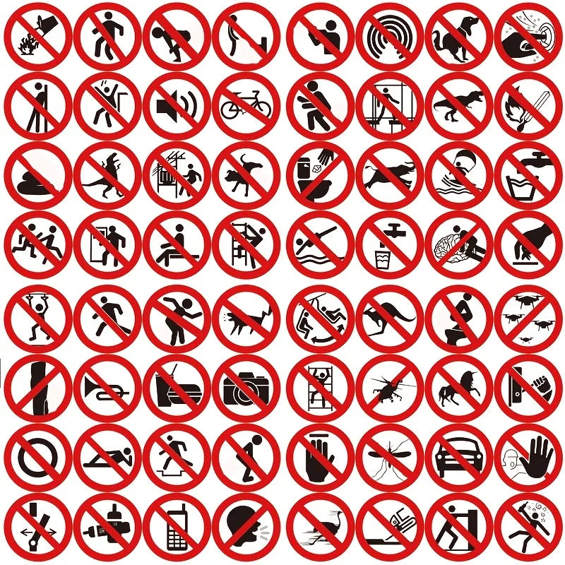 A pack of funny prohibition sign stickers featuring various forbidden actions and objects.
