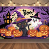 A Halloween neon backdrop featuring a bat, a witch, and an orange pumpkin design.