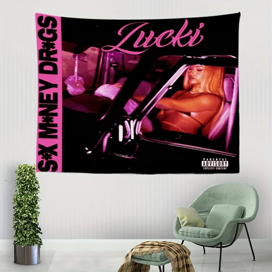 A black tapestry featuring a glamorous woman in a car with pink lighting and the text Lucki.