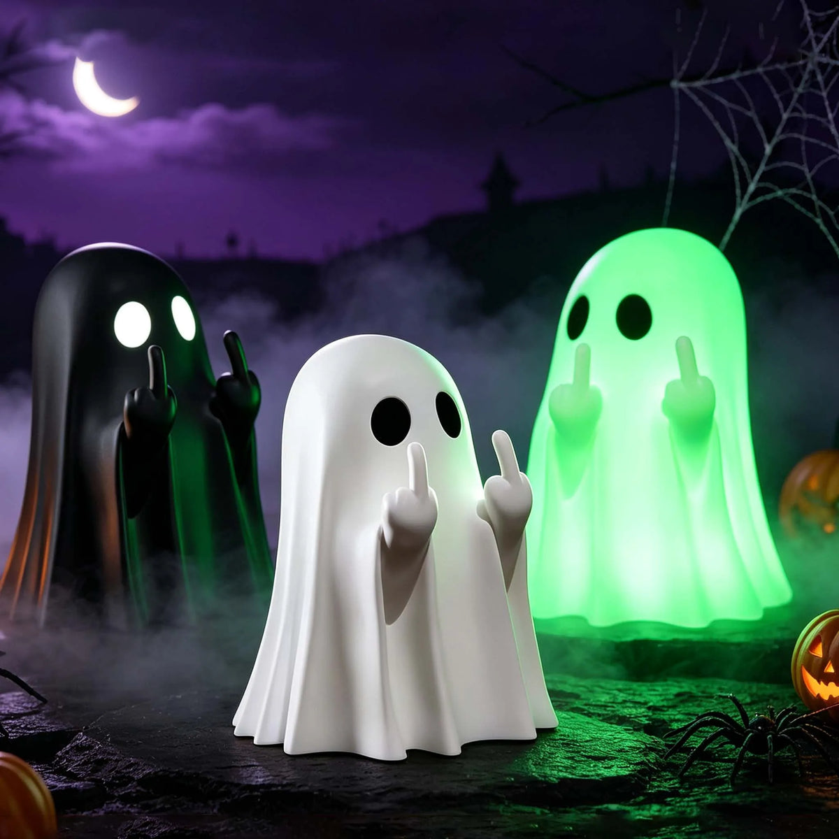 A white ghost figurine with a sassy hand gesture stands in front of glowing green and black ghosts under a night sky.