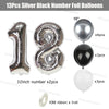 Silver and black number foil balloons including 10 inch, 32 inch numbers, and white balloons with ribbon