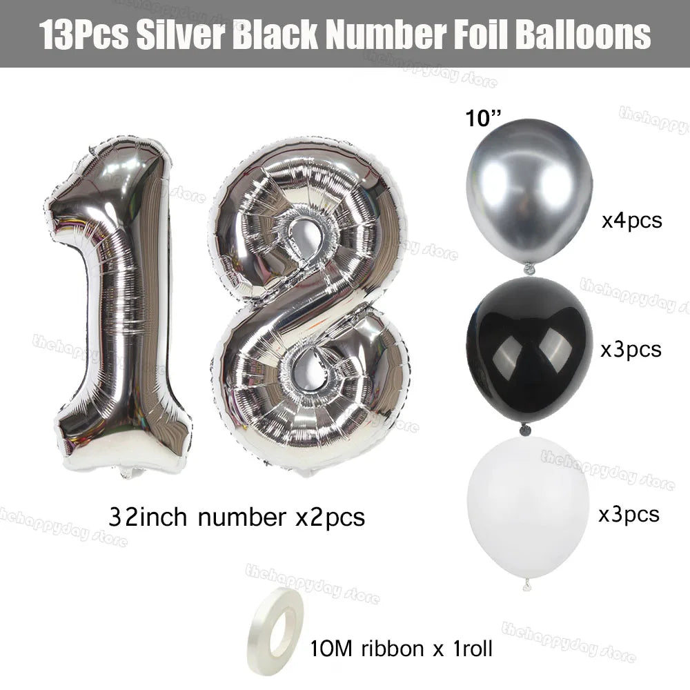 Silver and black number foil balloons including 10 inch, 32 inch numbers, and white balloons with ribbon