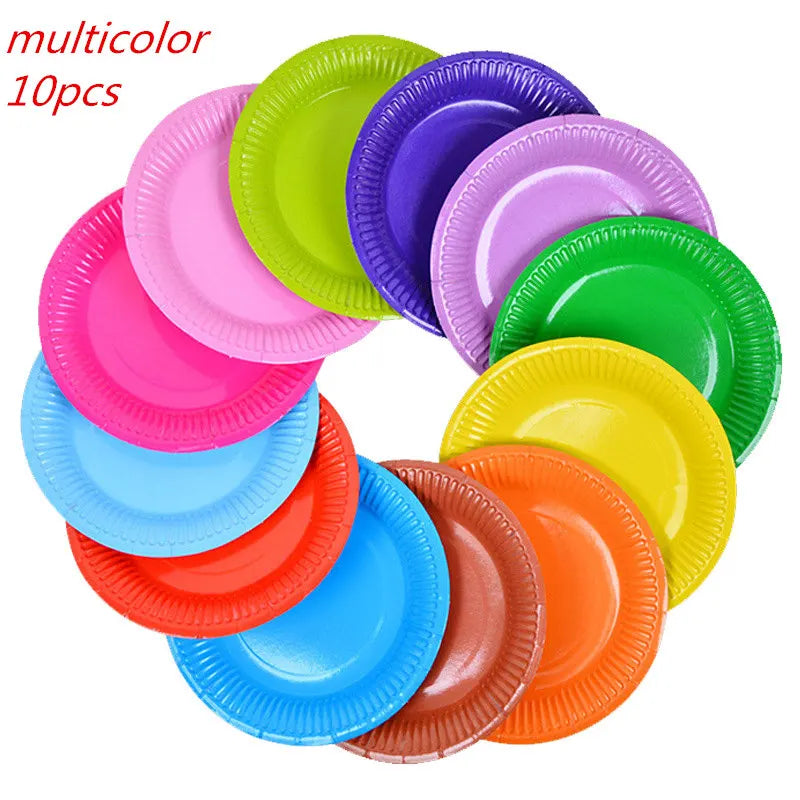 A colorful set of 10 disposable plastic plates in various solid colors arranged in a circle.