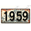 A vintage aluminum license plate tag with the year 1959 embossed on it.