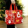 A red festive Christmas tote bag featuring white snowflakes, Santa figures, and gift boxes.