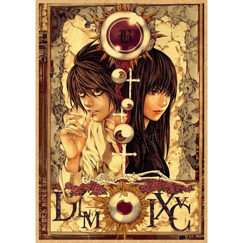 Vintage anime canvas wall art featuring two characters with crosses and a skull motif