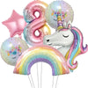 A collection of pink and iridescent foil balloons, including a number 8, a star, and a unicorn head, along with a rainbow arc