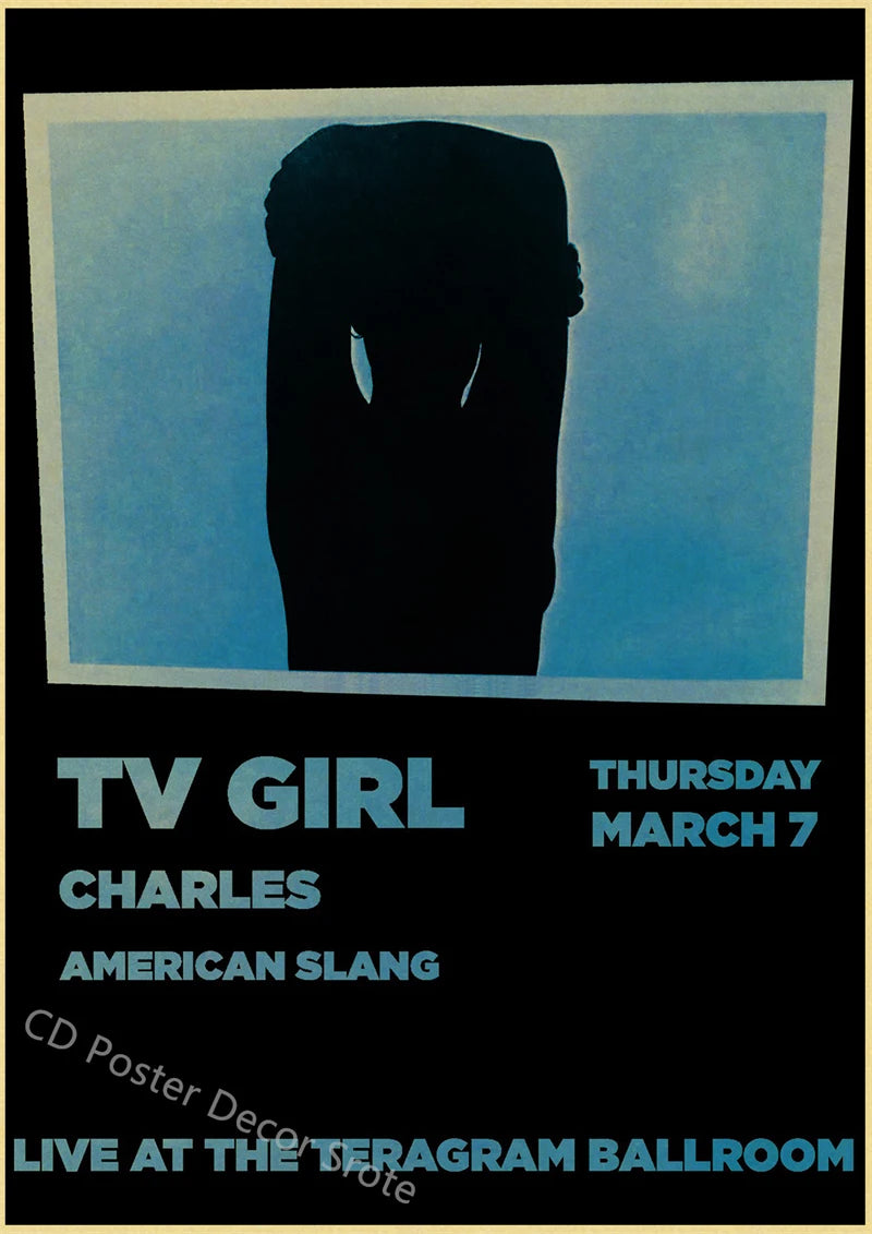 A black silhouette of a person against a light blue background for the TV Girl music poster featuring Charles and American Sl
