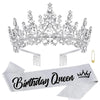 A sparkling silver rhinestone crown and tiara set with a glittery birthday queen sash