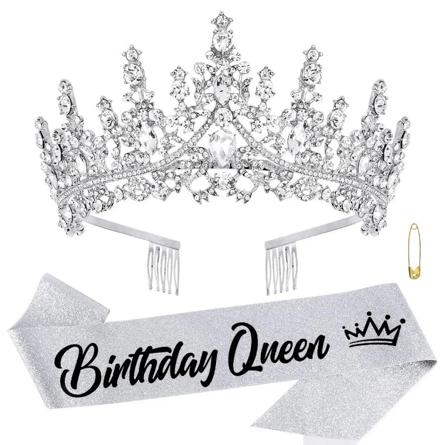 A sparkling silver rhinestone crown and tiara set with a glittery birthday queen sash