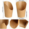 Three disposable kraft paper serving cups shown in various views and dimensions.