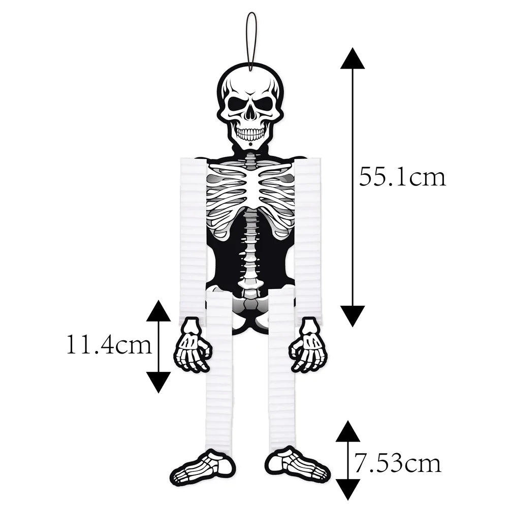 A set of Halloween hanging ornaments featuring ghosts, pumpkins, and skeletons.