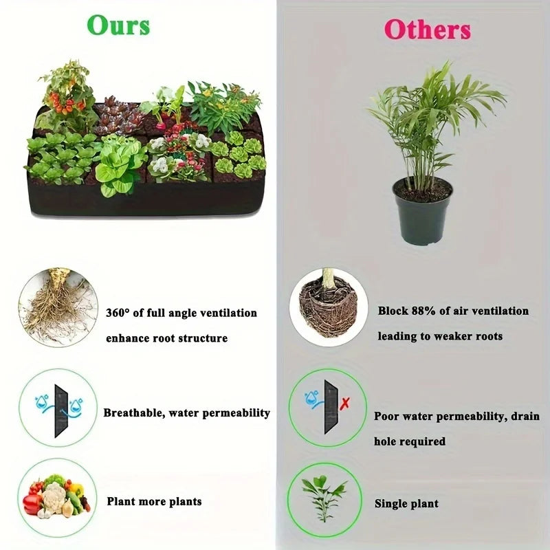 An elevated garden bed with 8 grids showing various plants and features like ventilation and water permeability.