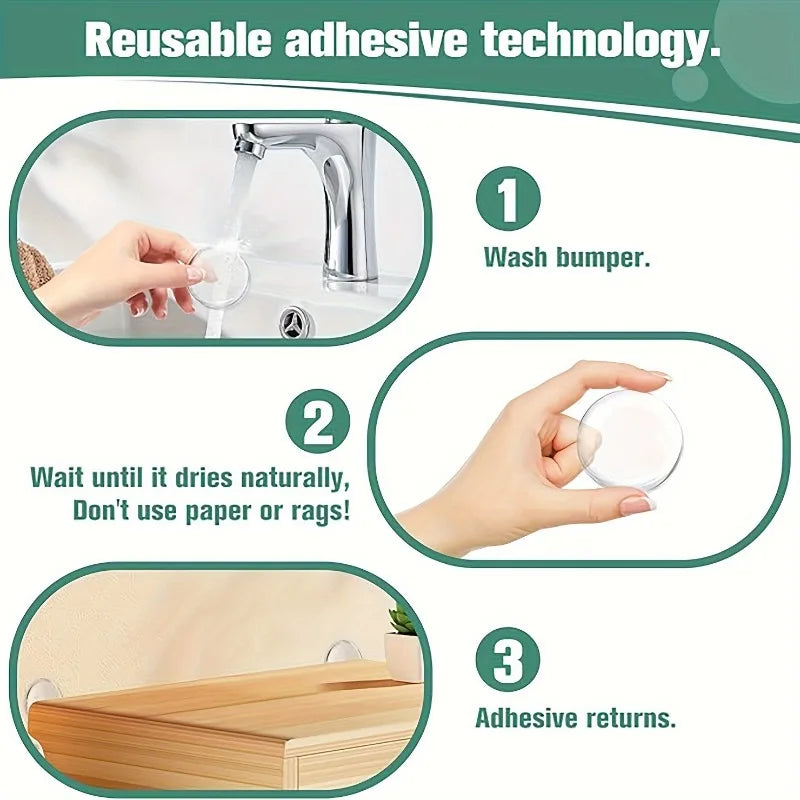 Diagram showing the three steps of reusable adhesive technology: wash bumper, wait for natural drying, and adhesive returns.