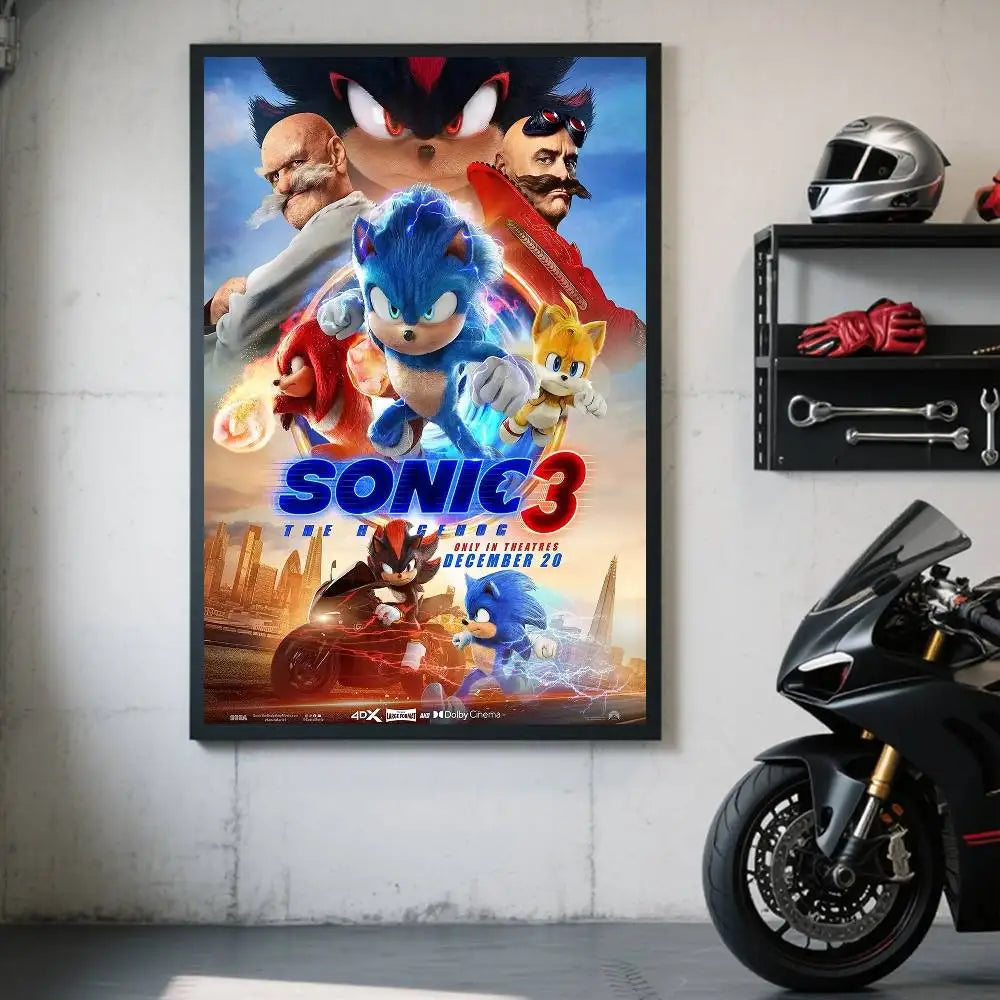 A movie poster for Sonic the Hedgehog 3 featuring Sonic and other characters in an anime style.