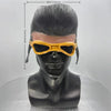 A black mannequin head wearing a yellow latex half-face mask designed for costume and stage use.
