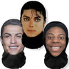 Three portraits of celebrities, including a male and female, shown with black fabric masks.