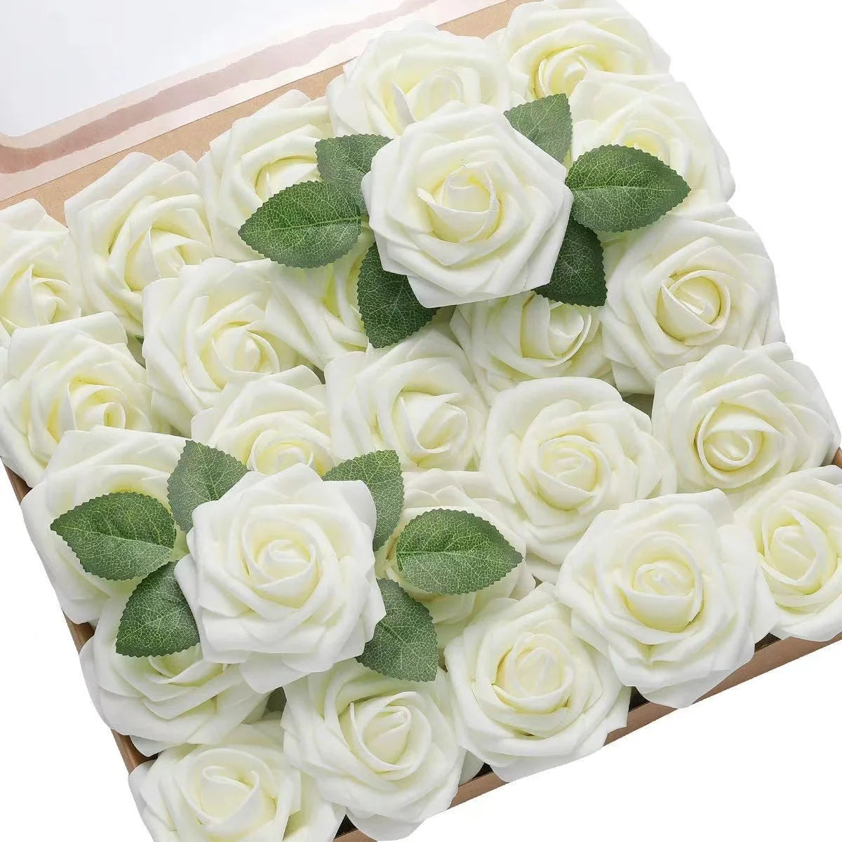 A collection of white foam roses with green leaves arranged on a wooden board.