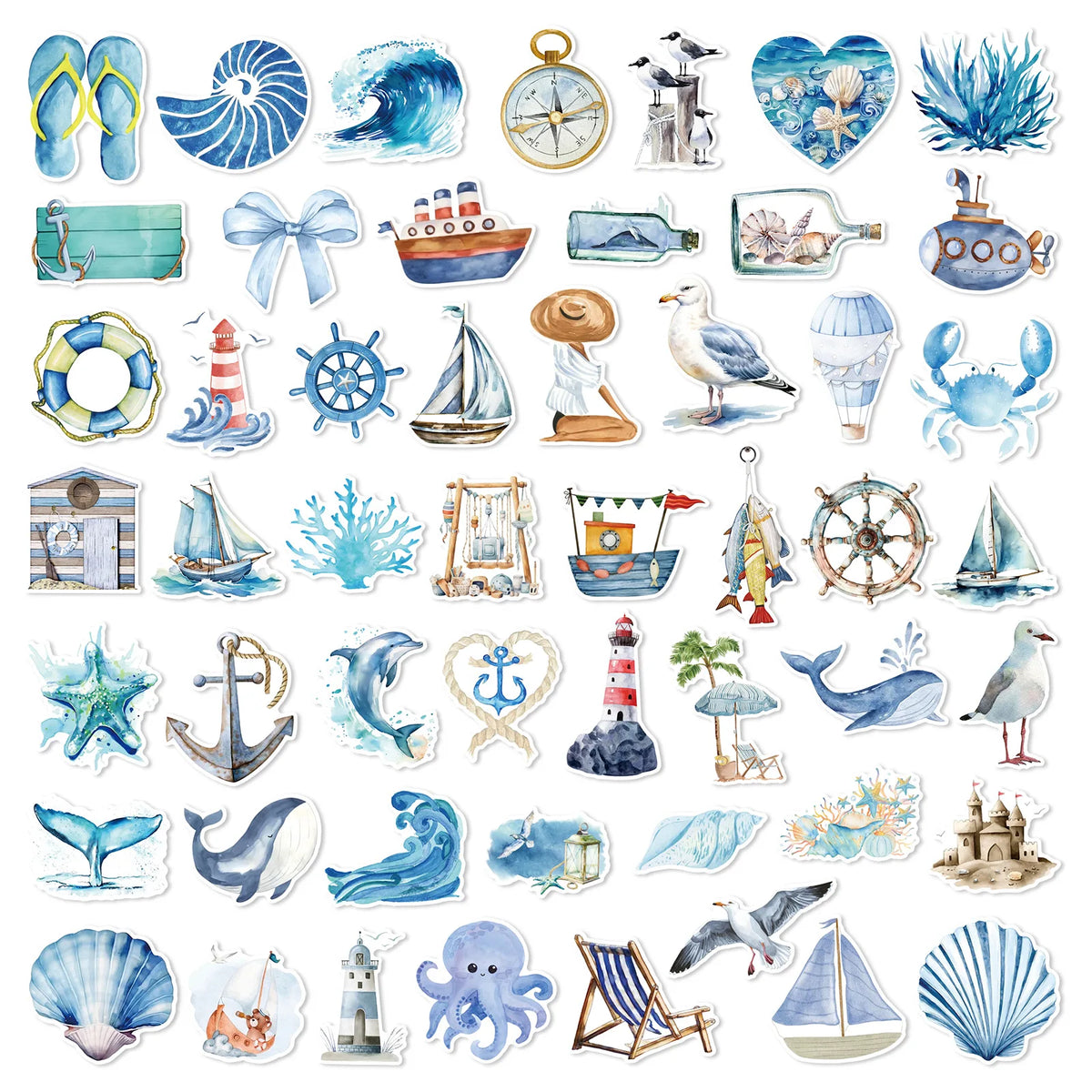 A collection of aesthetic ocean life stickers featuring sea creatures, boats, shells, and marine elements for DIY crafts.