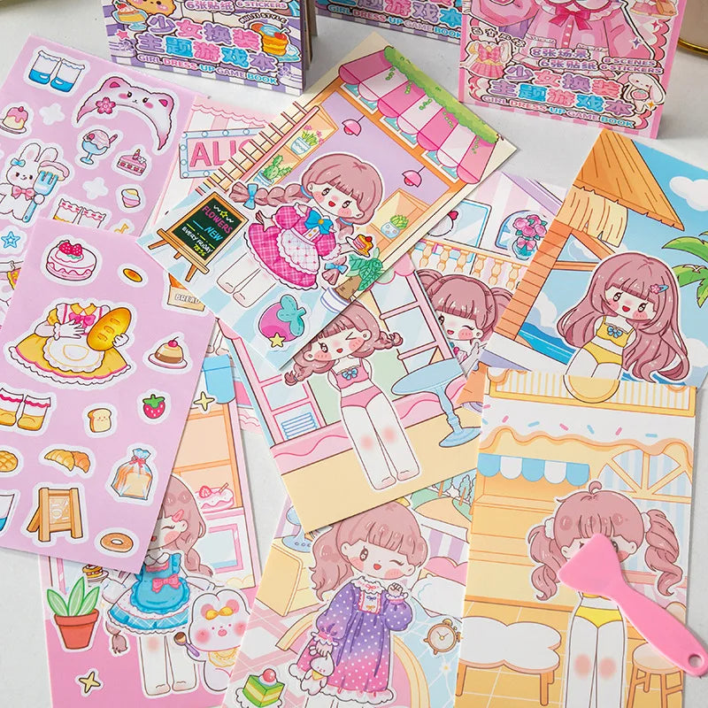 A colorful sticker book featuring illustrations of princesses and dress-up outfits for children.