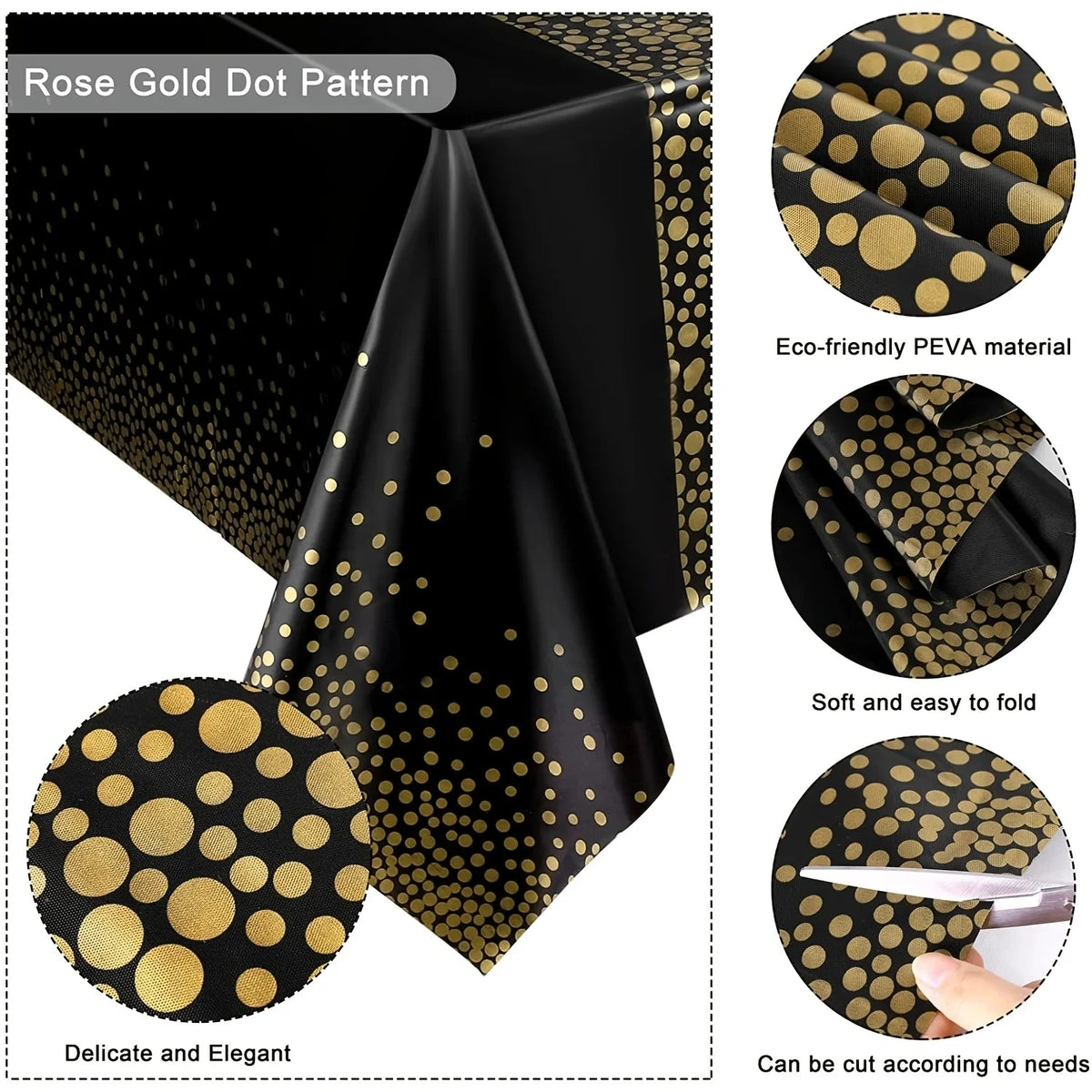 Black tablecloth with a rose gold dot pattern, soft and easy to fold, made from eco-friendly PEVA material.