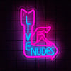 Neon wall sign shaped like a cat with the words LIVE NUDES glowing in pink and blue on a dark grid background