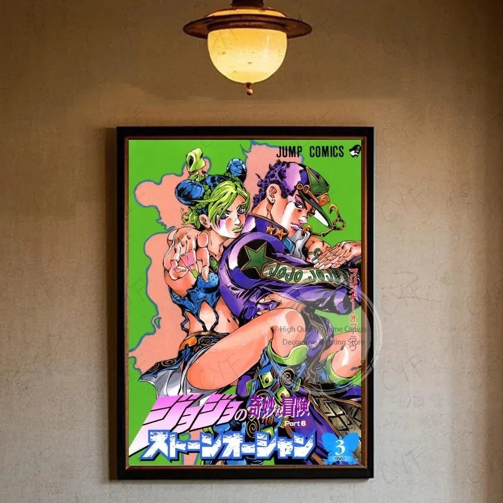 Anime poster featuring characters from JoJo's Bizarre Adventure in vibrant colors