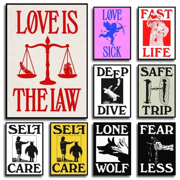 Una cuadrícula de impresiones de citas vintage con frases como 'El amor es la ley', 'Vida rápida', 'Inmersión profunda', 'Via