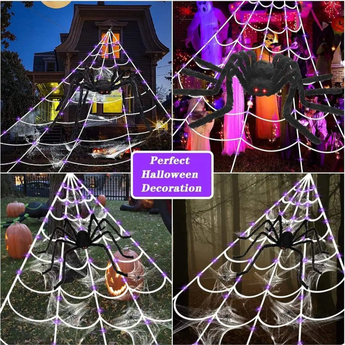 A collection of Halloween decorations featuring giant spider webs and a large black spider against various backgrounds.