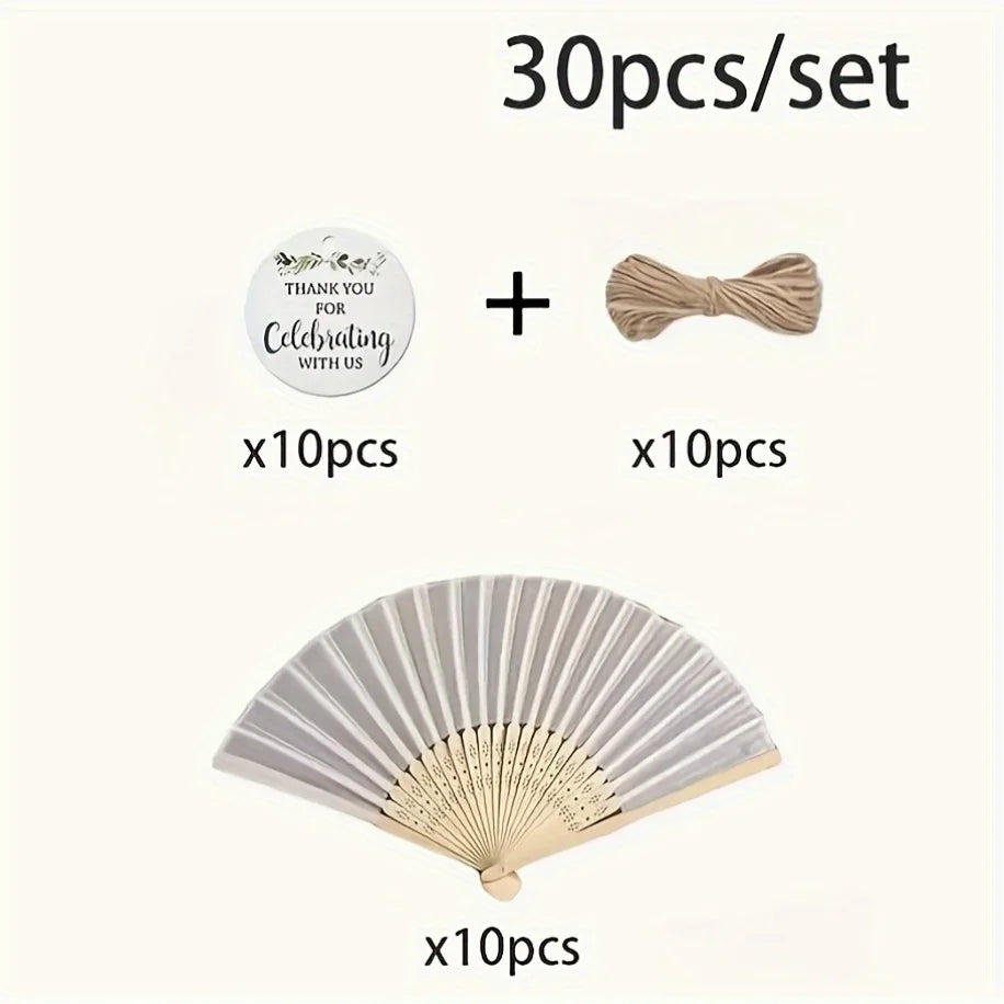 A set of 30 pieces including thank you tags, a bow, and ten folding fans.
