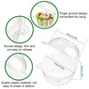 Clear plastic cake slice boxes with lids showing features like finger grooves and a secure buckle design