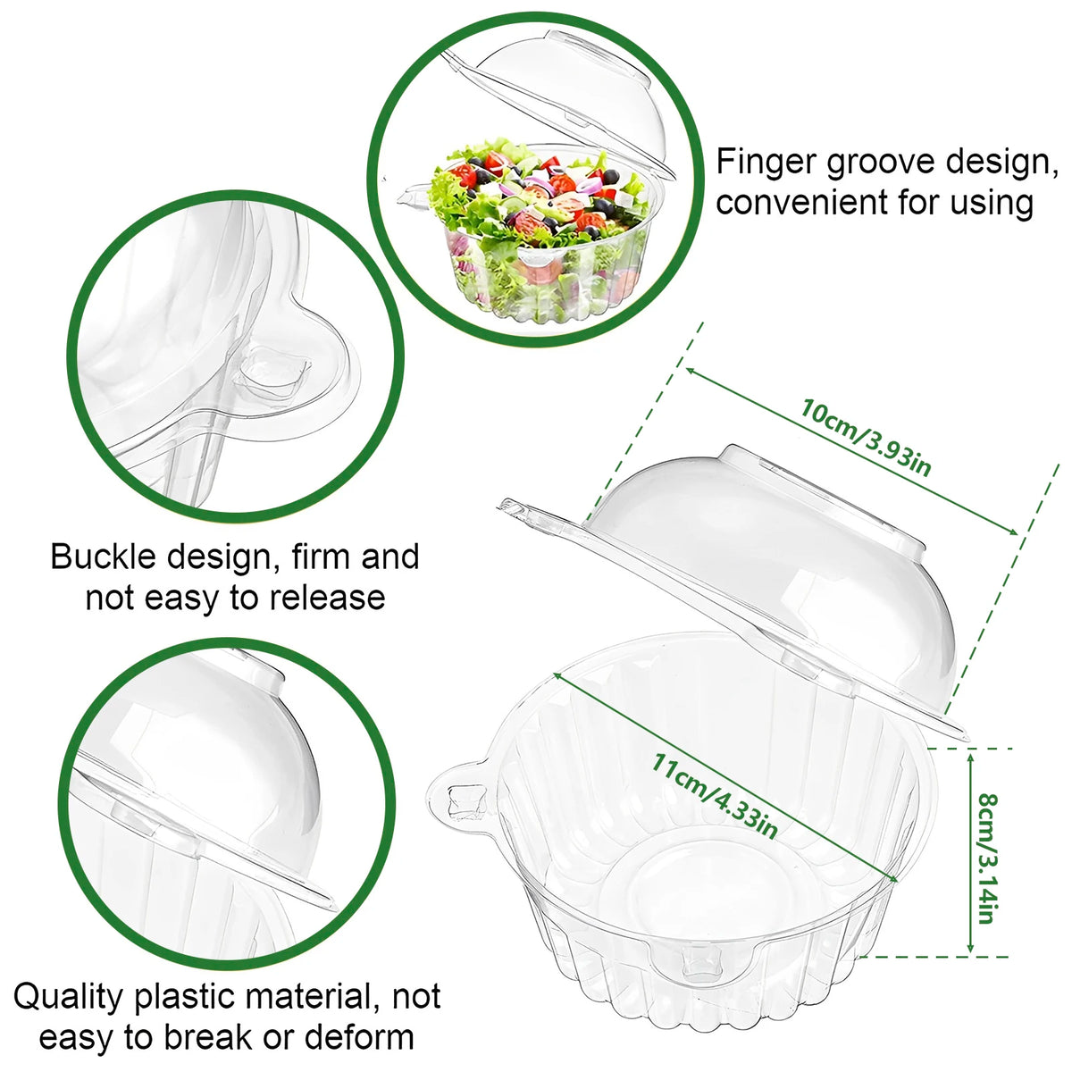 Clear plastic cake slice boxes with lids showing features like finger grooves and a secure buckle design