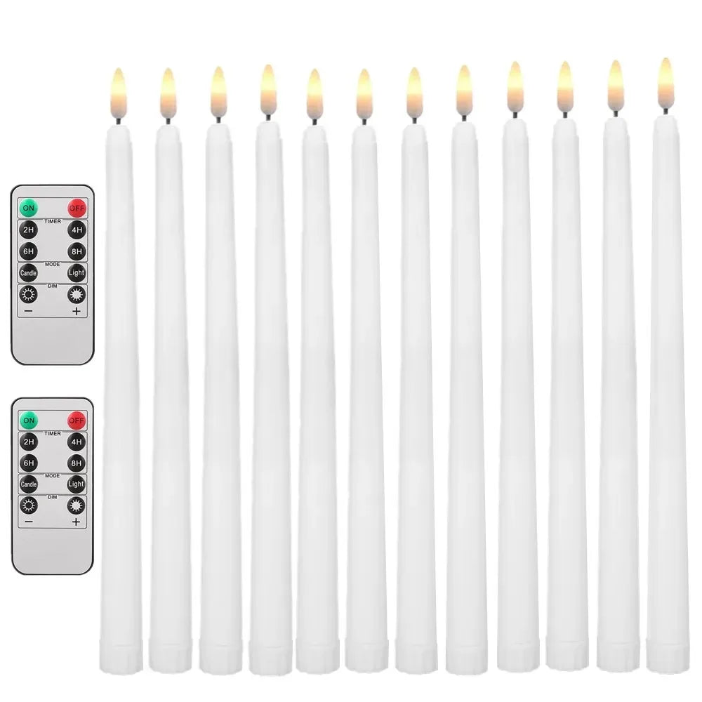 A set of white flameless LED taper candles with a remote timer shown in a row.