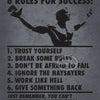 A black silhouette of a man raising his arm against a gray background with six rules for success listed below.