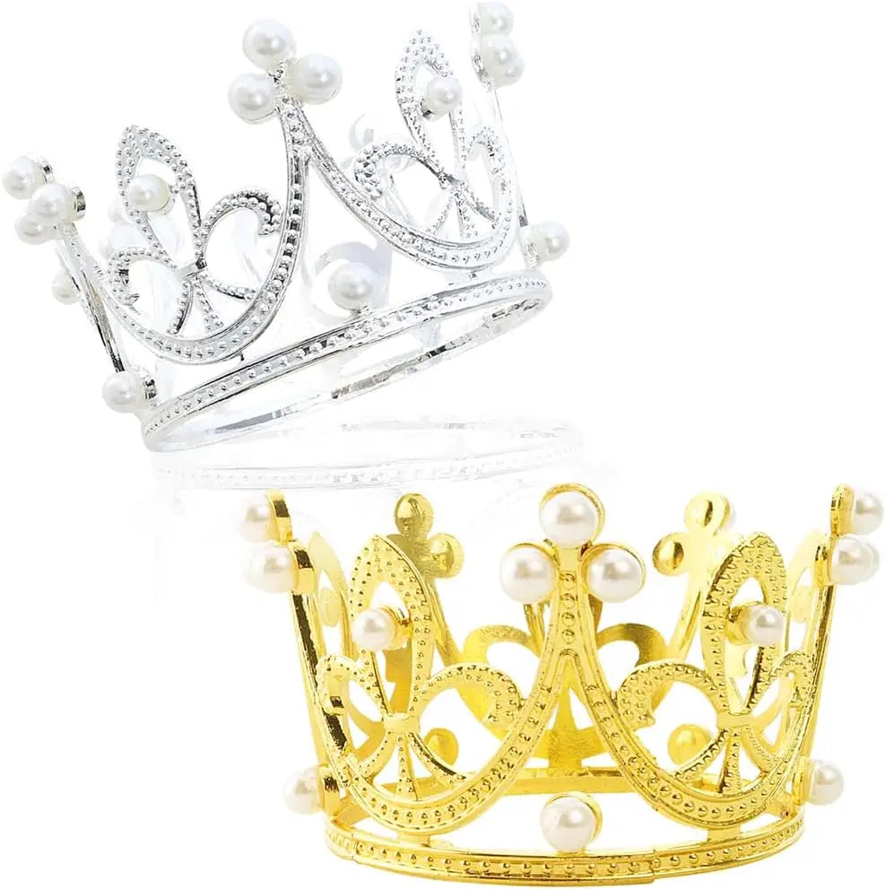 Elegant pearl crown cake toppers, featuring a silver and gold crown design.