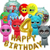 A set of colorful balloons featuring various cartoon characters and designs for a birthday party.