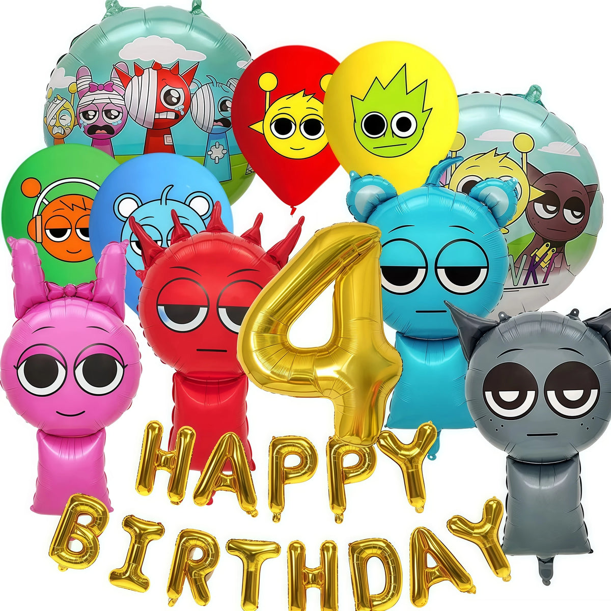 A set of colorful balloons featuring various cartoon characters and designs for a birthday party.