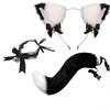 Black furry cat ear headband and tail costume set with black and white fur accents