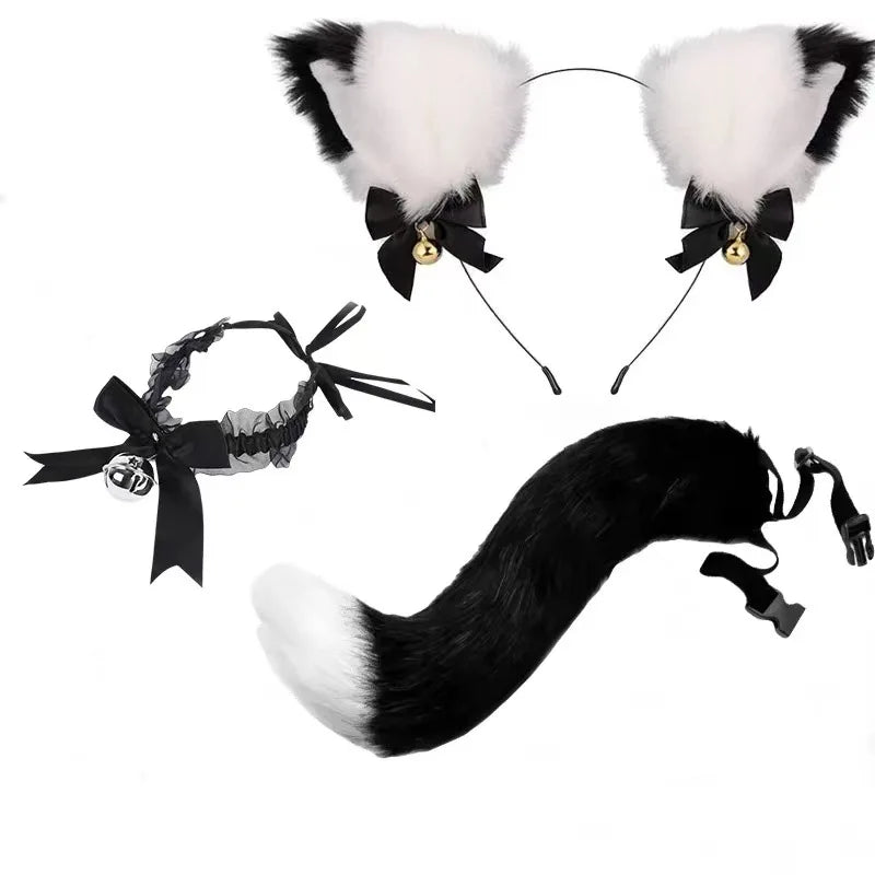 Black furry cat ear headband and tail costume set with black and white fur accents