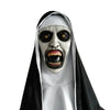 A realistic horror animal mask with pale skin, glowing yellow eyes, and an open mouth showing teeth, wearing a black hood.