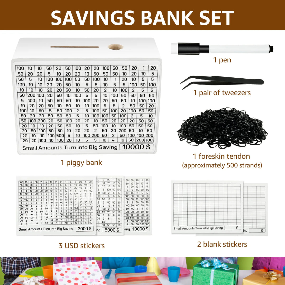 A savings bank set featuring a pen, a piggy bank, and blank stickers.